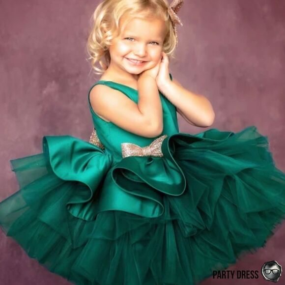 NOELLE LAYERED SATIN & TULLE TODDLER PARTY HOLIDAY DRESS EMERALD GREEN 1-2 YEARS - Picture 2 of 16
